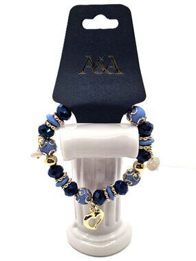 Blue Gold Heart Bracelet, Luxury Beaded Bracelet, Statement Charm Bracelet, Navy